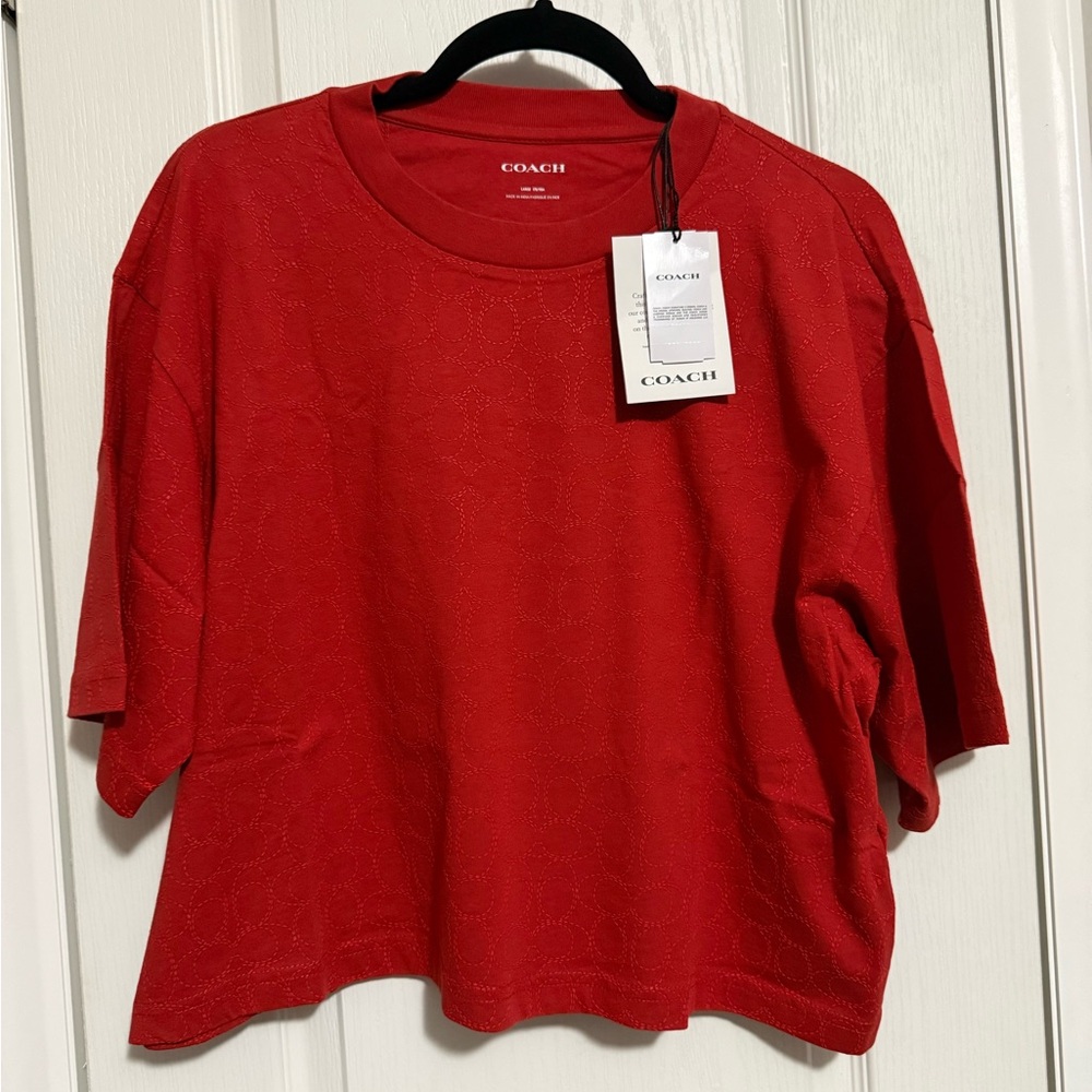 Coach Red Short Sleeve Logo Jacquard Tee - Picture 5 of 10